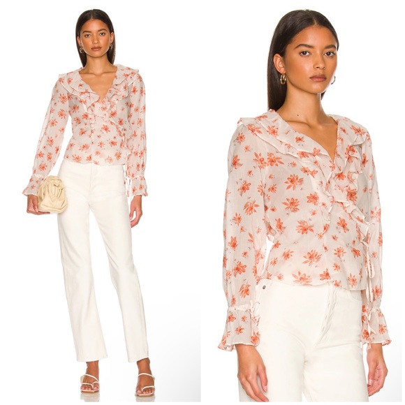 Free People NWT Floral Romantic Cottage Core Orange/White Ruffle Wrap Top XS/S - Picture 9 of 16